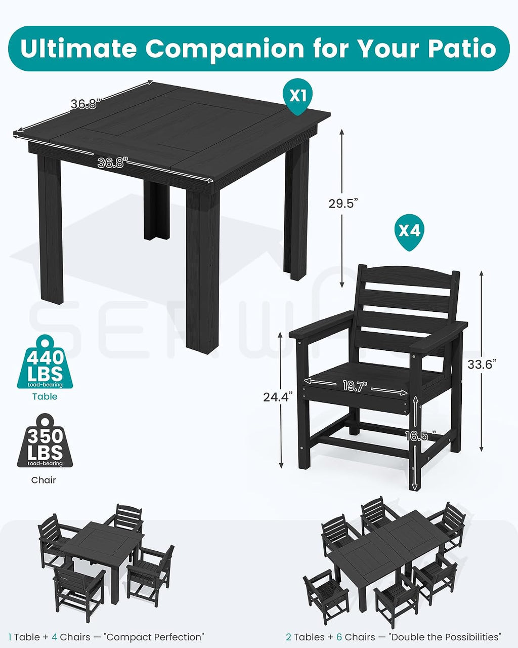SERWALL HDPE Outdoor Square Dining Set for 4