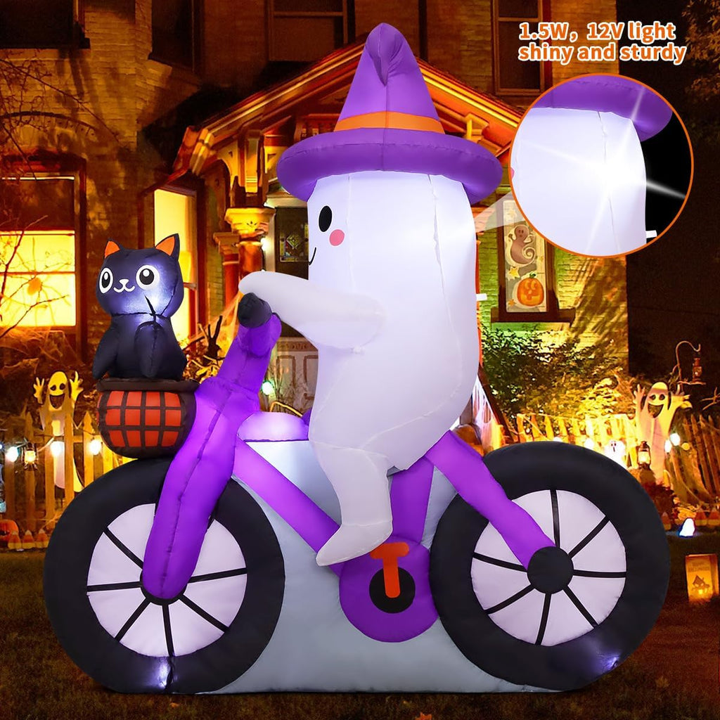 COMIN 5FT Halloween Inflatables Ghost Bike Black Cat Yard Decor with LEDs