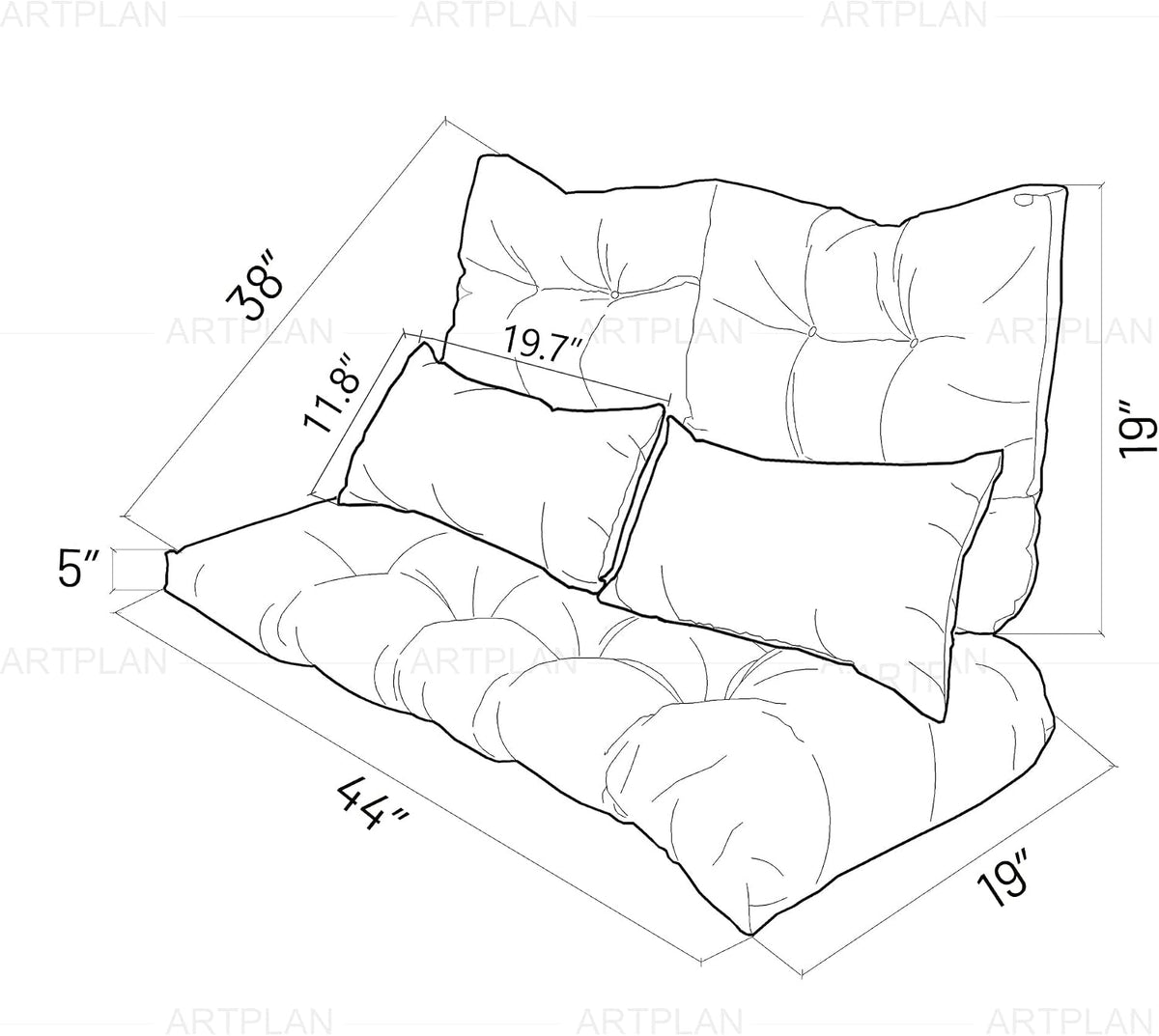 ARTPLAN 5 Piece Patio Loveseat Bench Cushion Set Wicker Outdoor Pillow Pads
