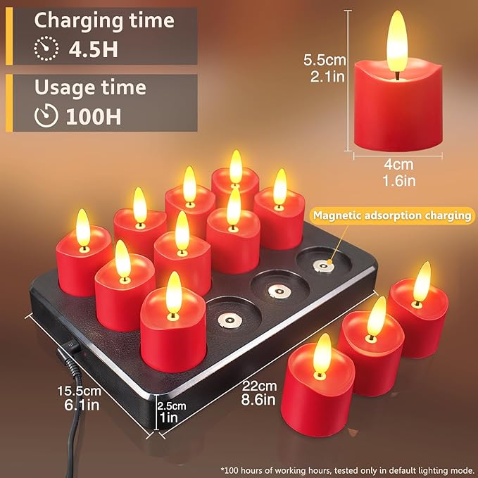 HL Rechargeable Waterproof Tea Lights,100H+ Highly Bright Led Flameless Candles,Magnetic Charging Battery Candles with Remote,Electric Votive Candles for Home Halloween Christmas Decorative-12pcs