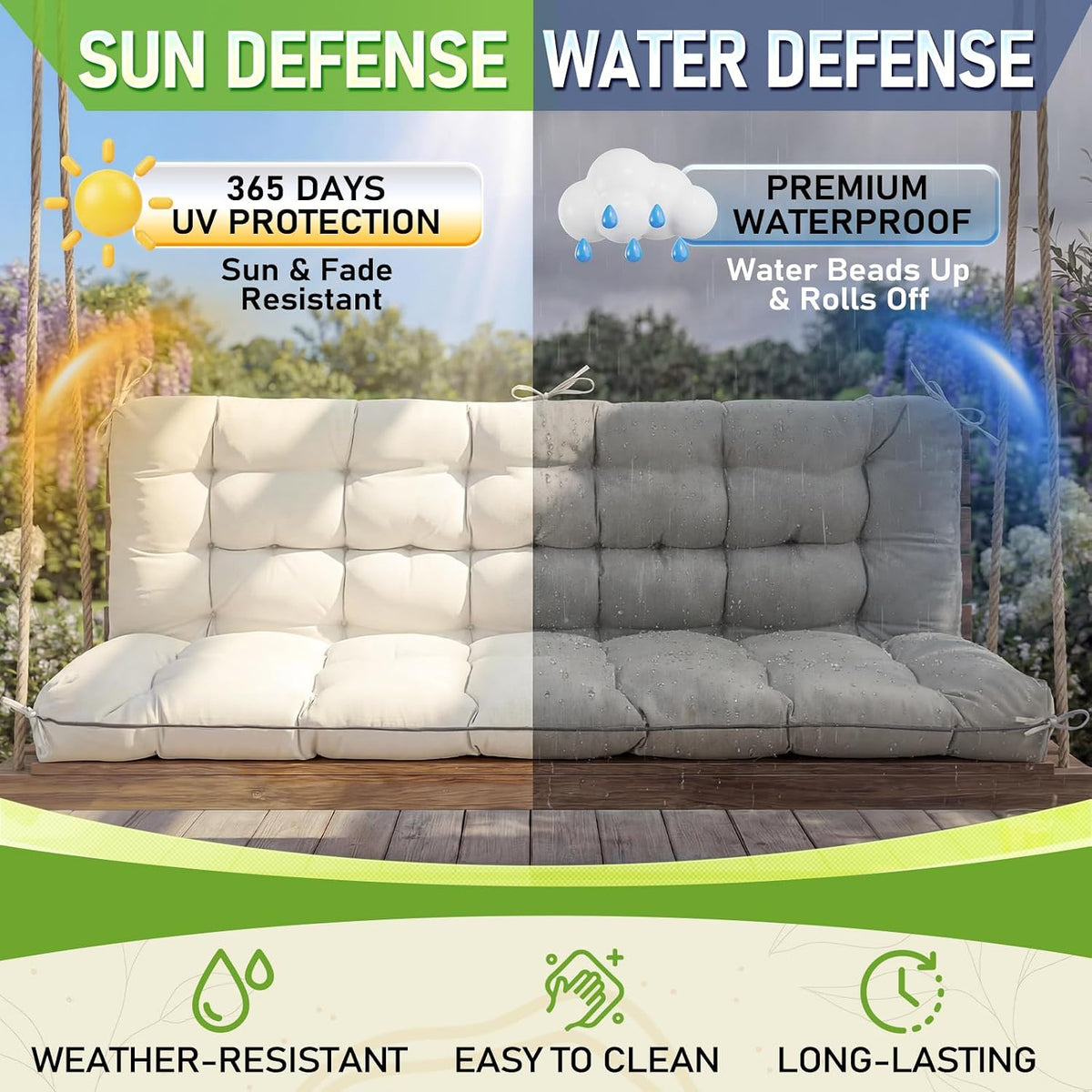 Oxford Fabric Swing Cushions with Backrest & Tie Straps for Patio Bench