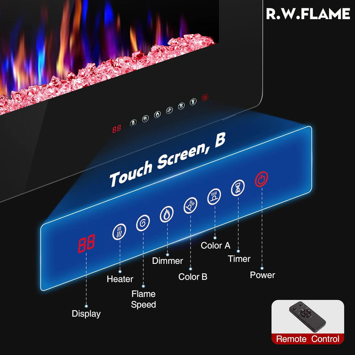 R.W.FLAME 42IN Recessed and Wall Mounted, The Thinnest Fireplace, Low Noise, Fit for 2 x 6 and 2 x 4 Stud, Remote Control with Timer, Touch Screen, Adjustable Flame Color and Speed