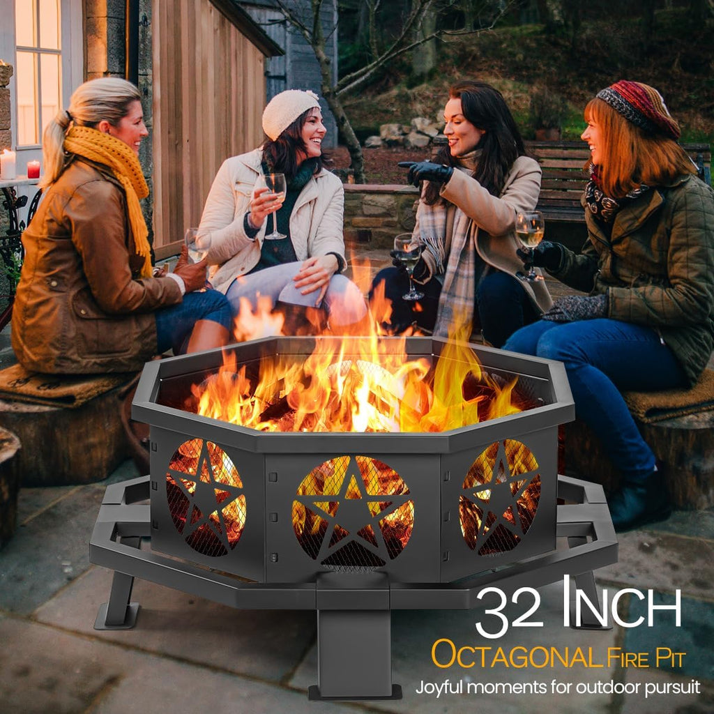 Verdeluxe 32 Inch Outdoor Octagonal Fire Pit with Fire Poker Black