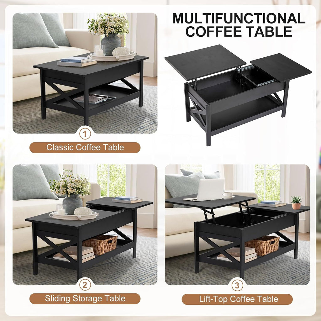 Lift Top Coffee Table with Storage, Small Coffee Table with Hidden Compartment, Dining Center Tables with Lifting Tabletop for Living Room, Home Office