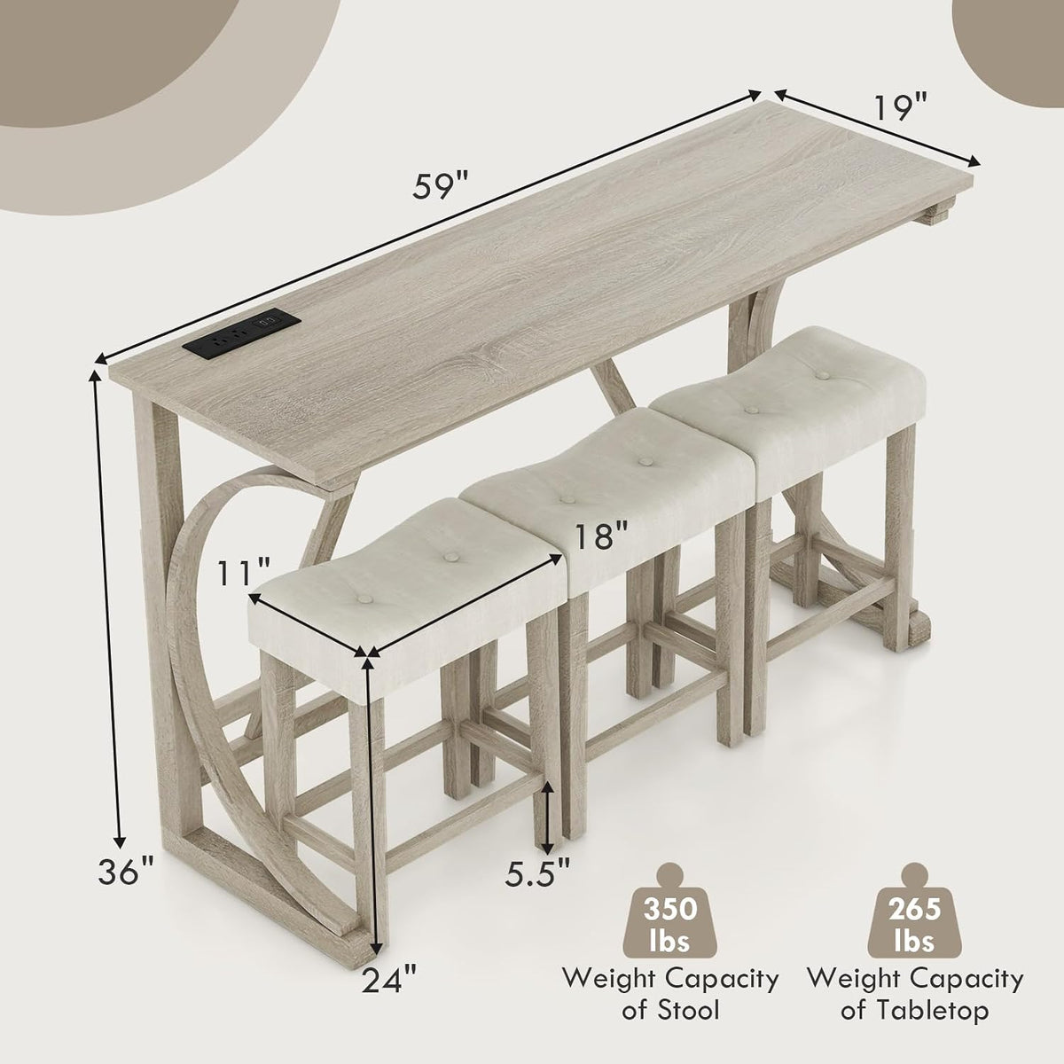 GIANTEX Small Dining Table Set - 4-Piece Bar Table and Chairs Set with Power Outlet, Upholstered Saddle Seat Stools, Counter Height Dining Table Set, Breakfast Nook for 3 People, Kitchen Table Set