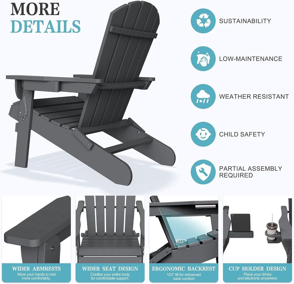 Shintenchi Folding Adirondack Chair,HDPE All-Weather Patio Chair with Cup Holder & Phone Holder,Wooden Textured Fire Pit Chair for Patio,Outside,Deck,Backyard,Dark Grey