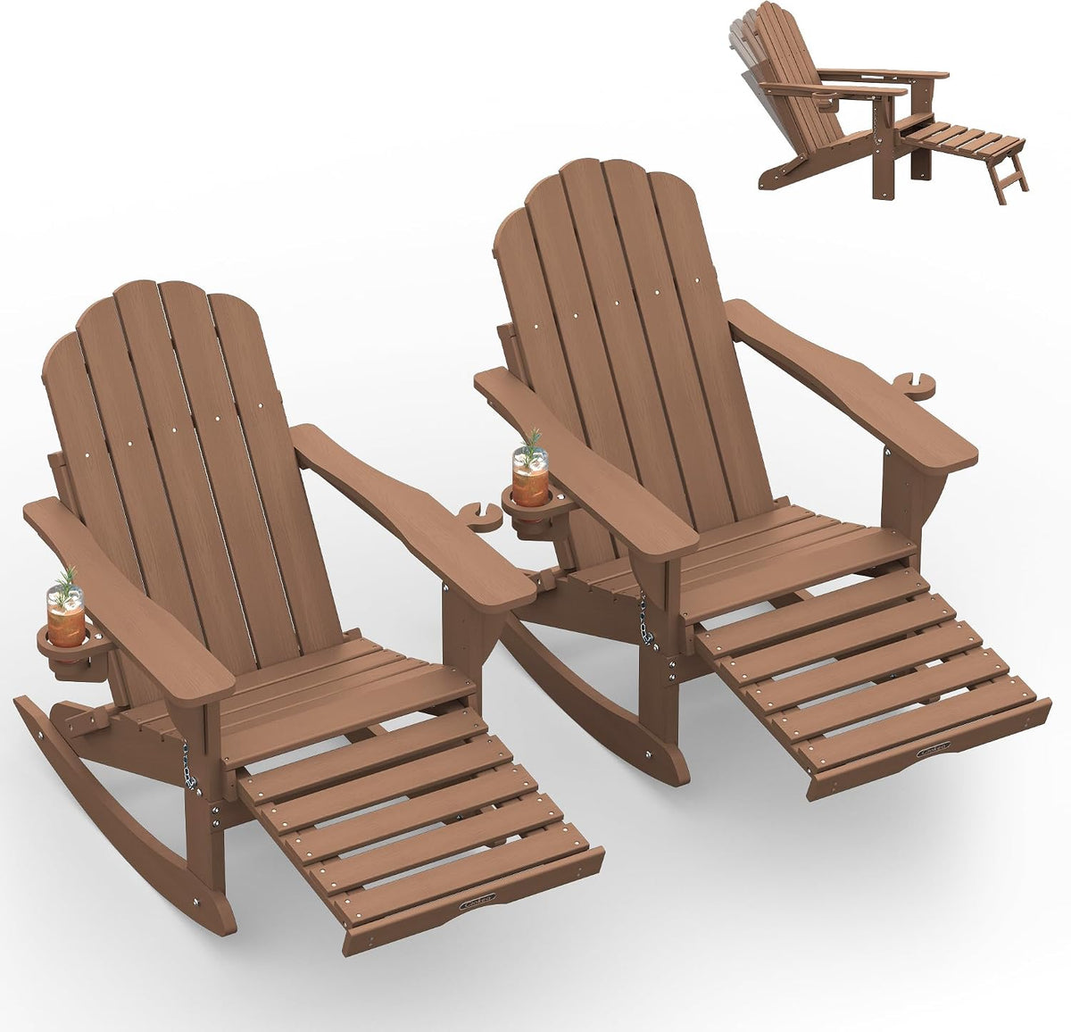 Ciokea Rocking Adirondack Chairs Set of 2 with Retractable Ottoman (Teak)