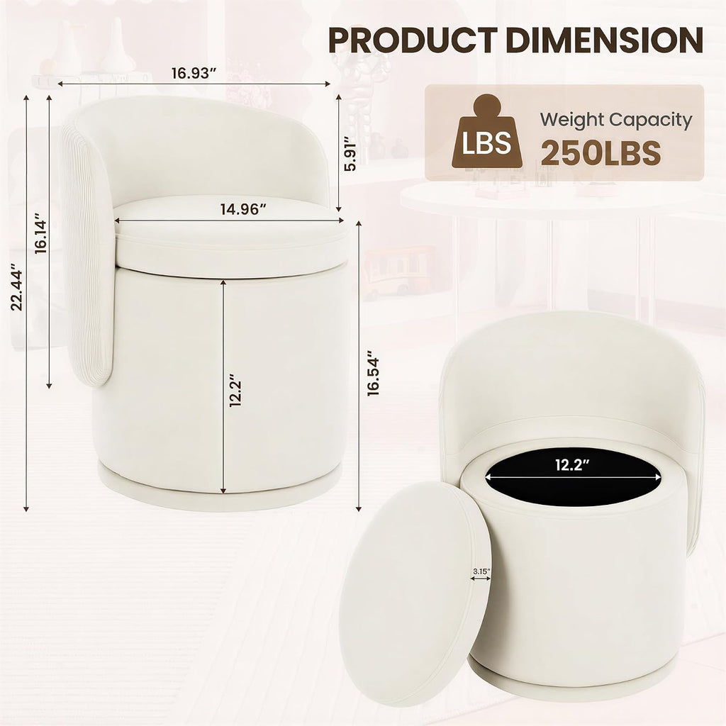 MALOL 360° Swivel Velvet Vanity Chair with Storage, Beige