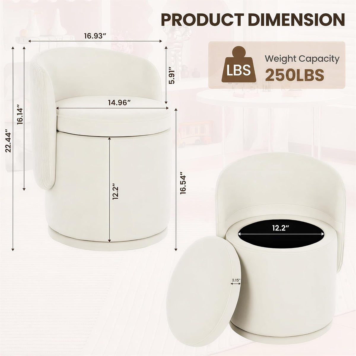 MALOL 360° Swivel Velvet Vanity Chair with Storage, Beige