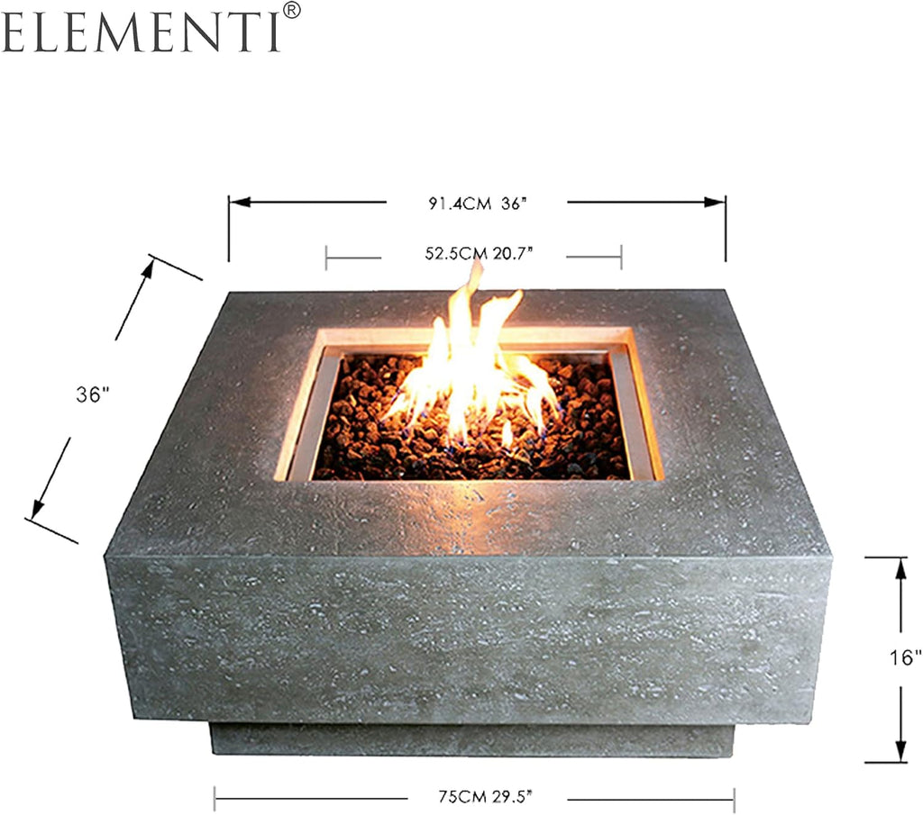 Elementi Manhattan Outdoor Gas Firepit Table 36 Inches Natural Gas Fire Pit Patio Heater Concrete High Floor Clearance Firepits Outside Electronic Ignition Backyard Fireplace Cover Lava Rock Included