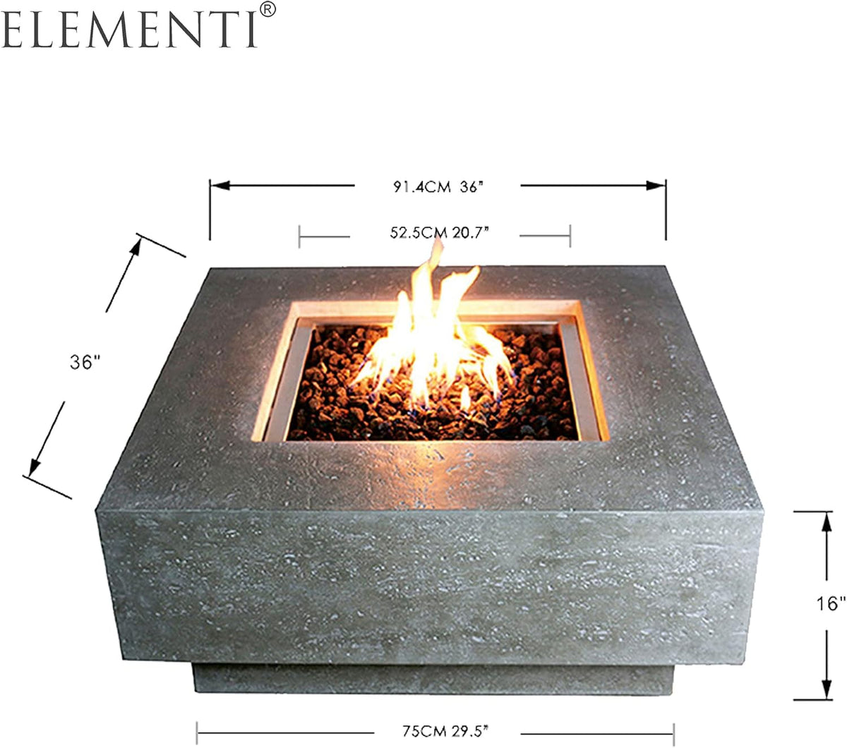 Elementi Manhattan Outdoor Gas Firepit Table 36 Inches Natural Gas Fire Pit Patio Heater Concrete High Floor Clearance Firepits Outside Electronic Ignition Backyard Fireplace Cover Lava Rock Included
