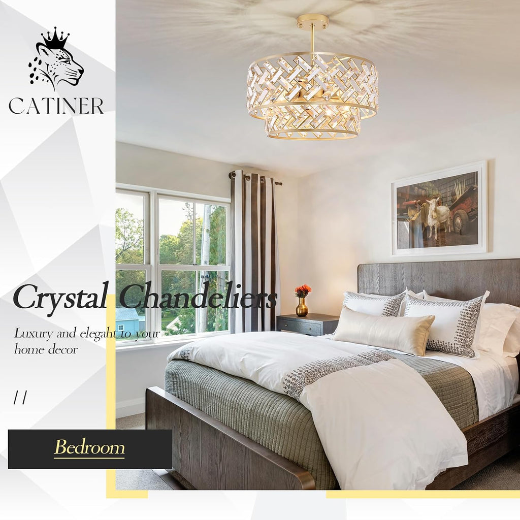 CATINER 20" Gold Crystal Chandelier, 6-Light Semi Flush Pendant