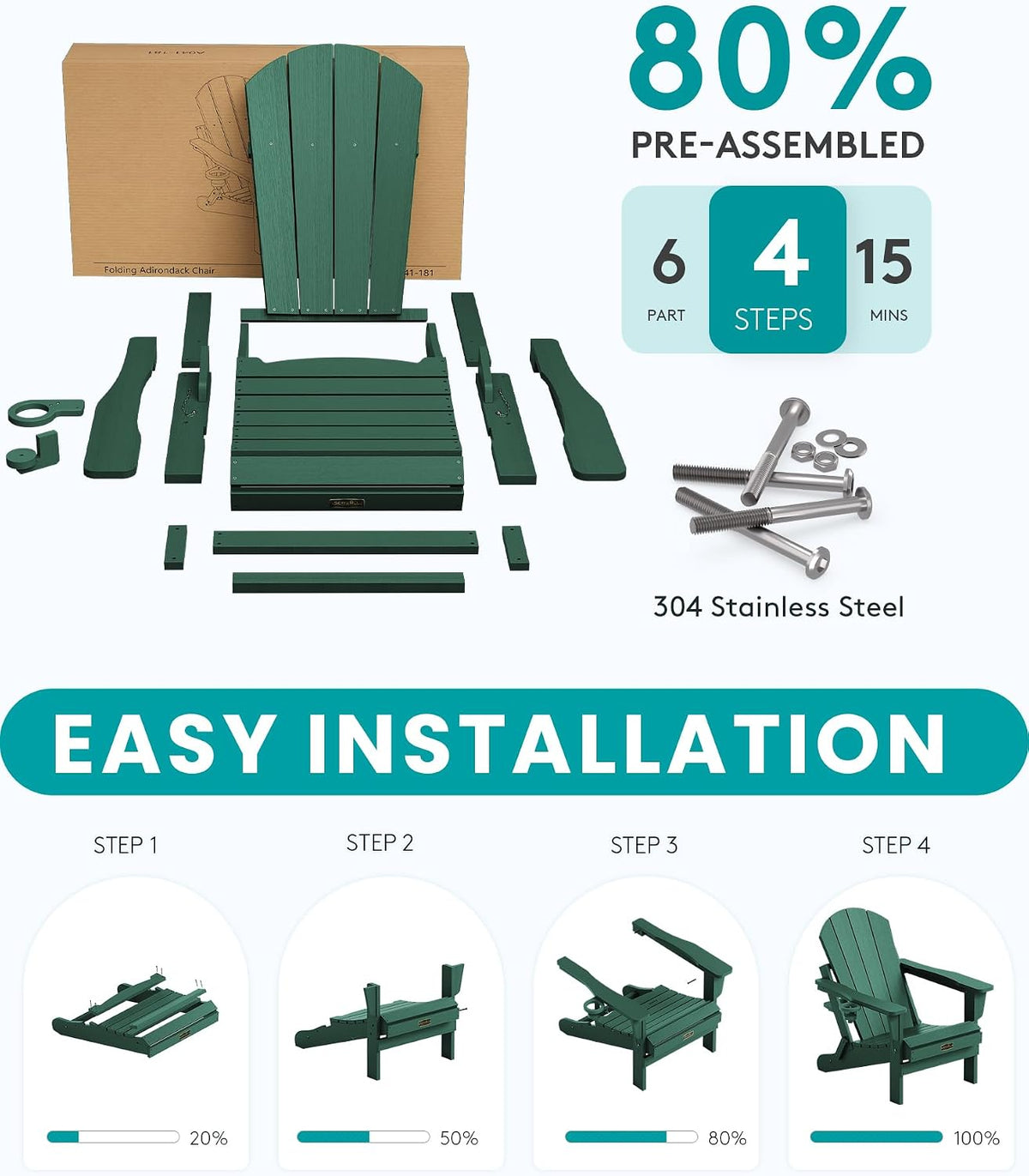 SERWALL Folding Adirondacks Chair Set of 6 with Cup Holder for Patio- Green