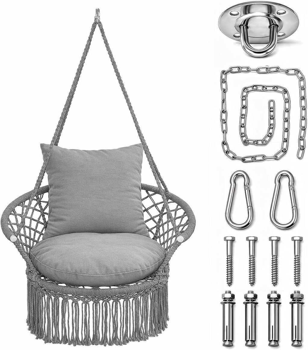 Athena Collection Macrame Hammock Chair with Mounting Hardware Kit, Gray