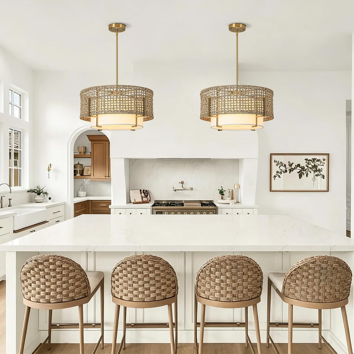 19.7" rattan chandelier, 4-light boho dining room light, side view