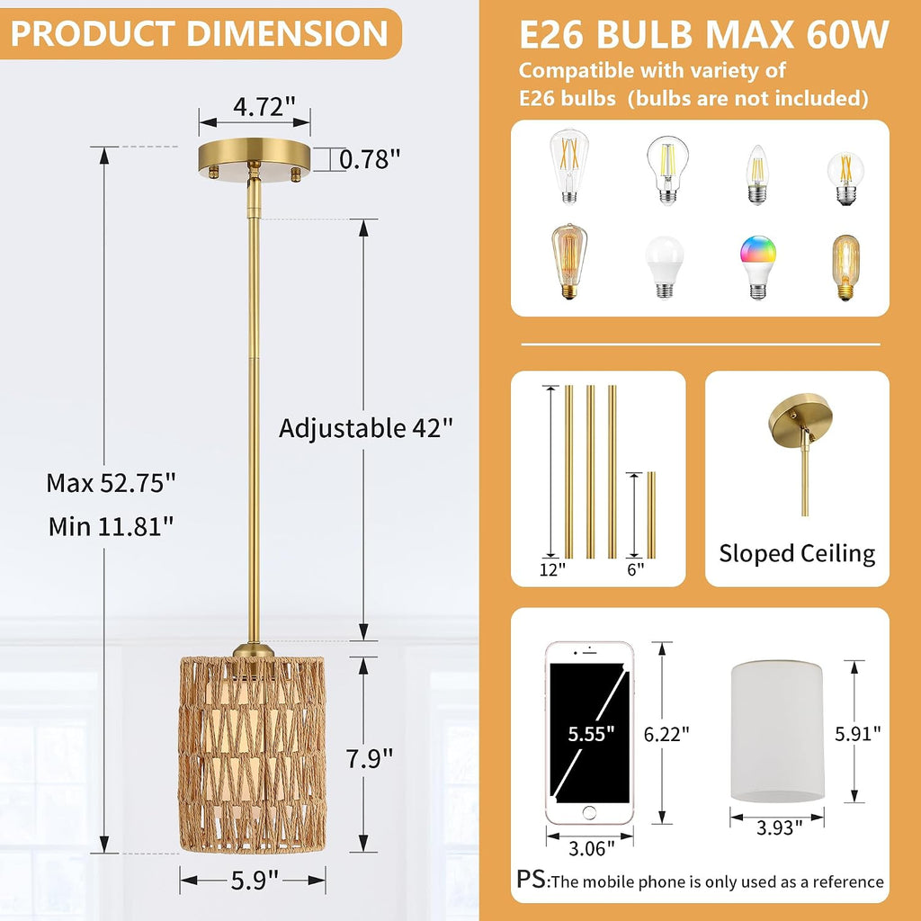 6inch gold rattan pendant light, 2-in-1 boho hanging, close-up detail