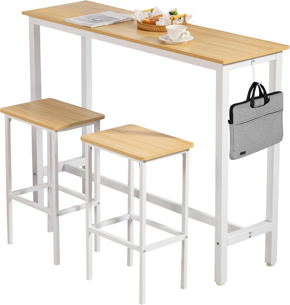 Finnhomy 52.7" Industrial Bar Table Set with 2 Stools - Counter Height Dining & Pub Table for Small Spaces, Kitchen, Apartment, Breakfast - Metal & Wood, Space-Saving Furniture - Oak Beige and White