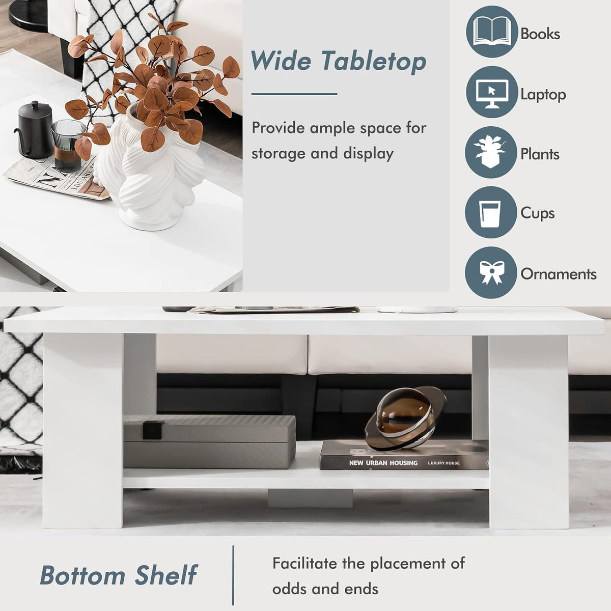 Tangkula 2-Tier Coffee Table, Modern Rectangular Center Cocktail Table with 5 Support Legs, Wooden Accent Living Room Furniture, Small Coffee Table for Small Spaces, Easy Assembly (White)
