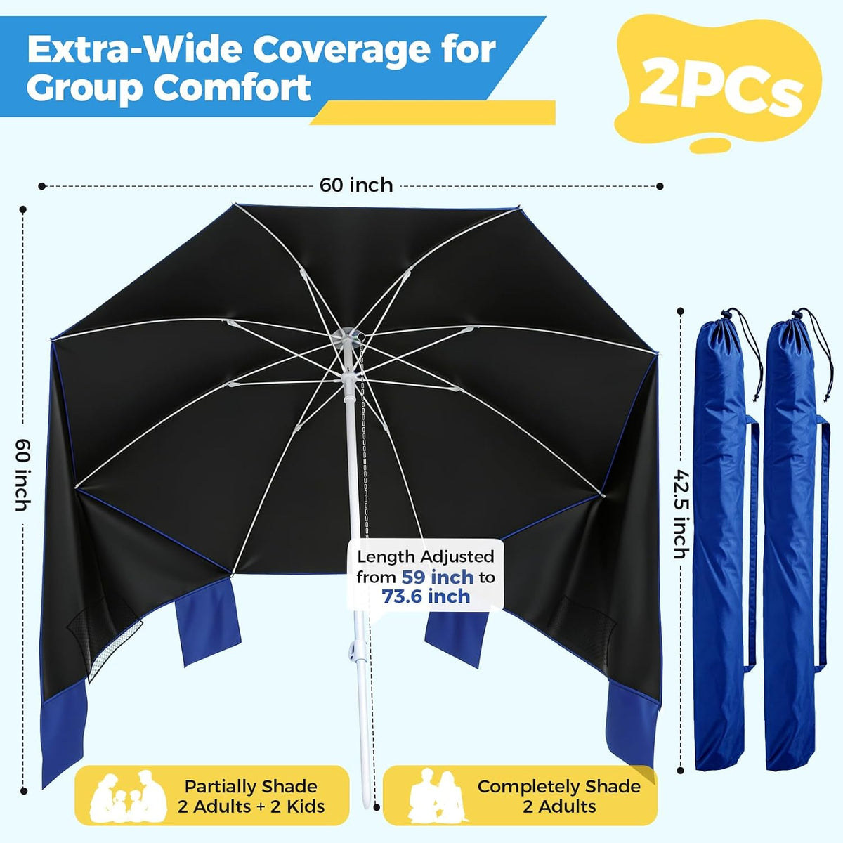 beach shelter umbrella - 2pack upf 50+ camping showing dimensions