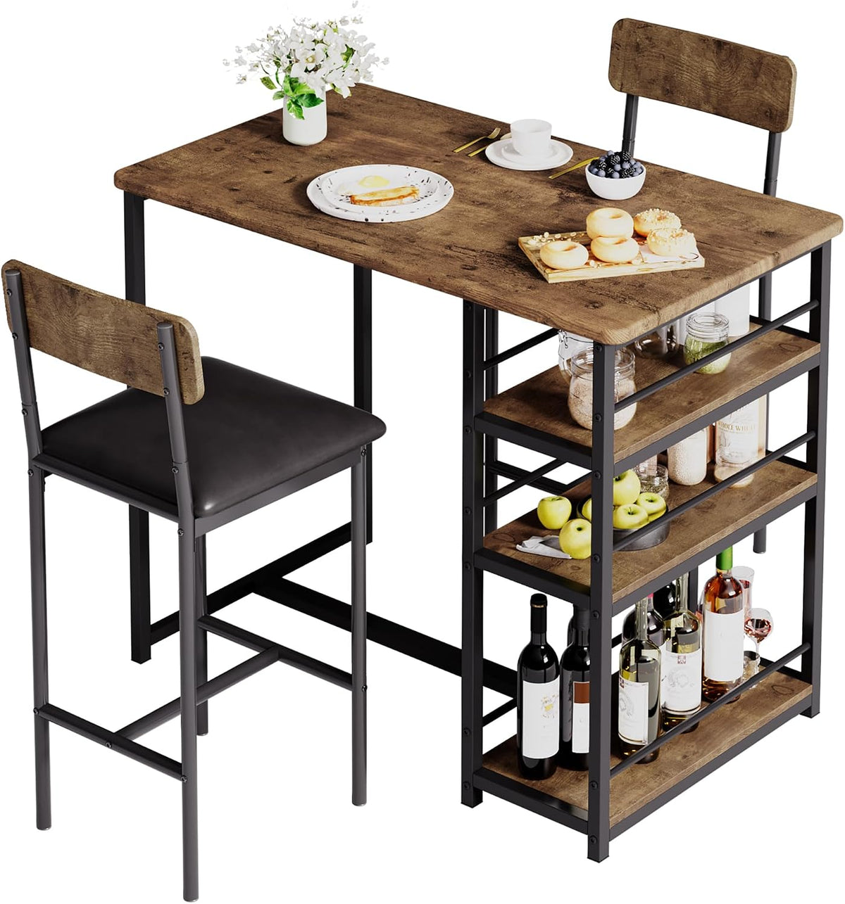 3-Piece Small Bar Table and Chairs Set for 2,Small Dining Table with 2 PU Cushioned Stools,3 Storage Shelves, Space Saving Kitchen Table Set for Breakfast Nook, Apartment, Bistro,Brown.