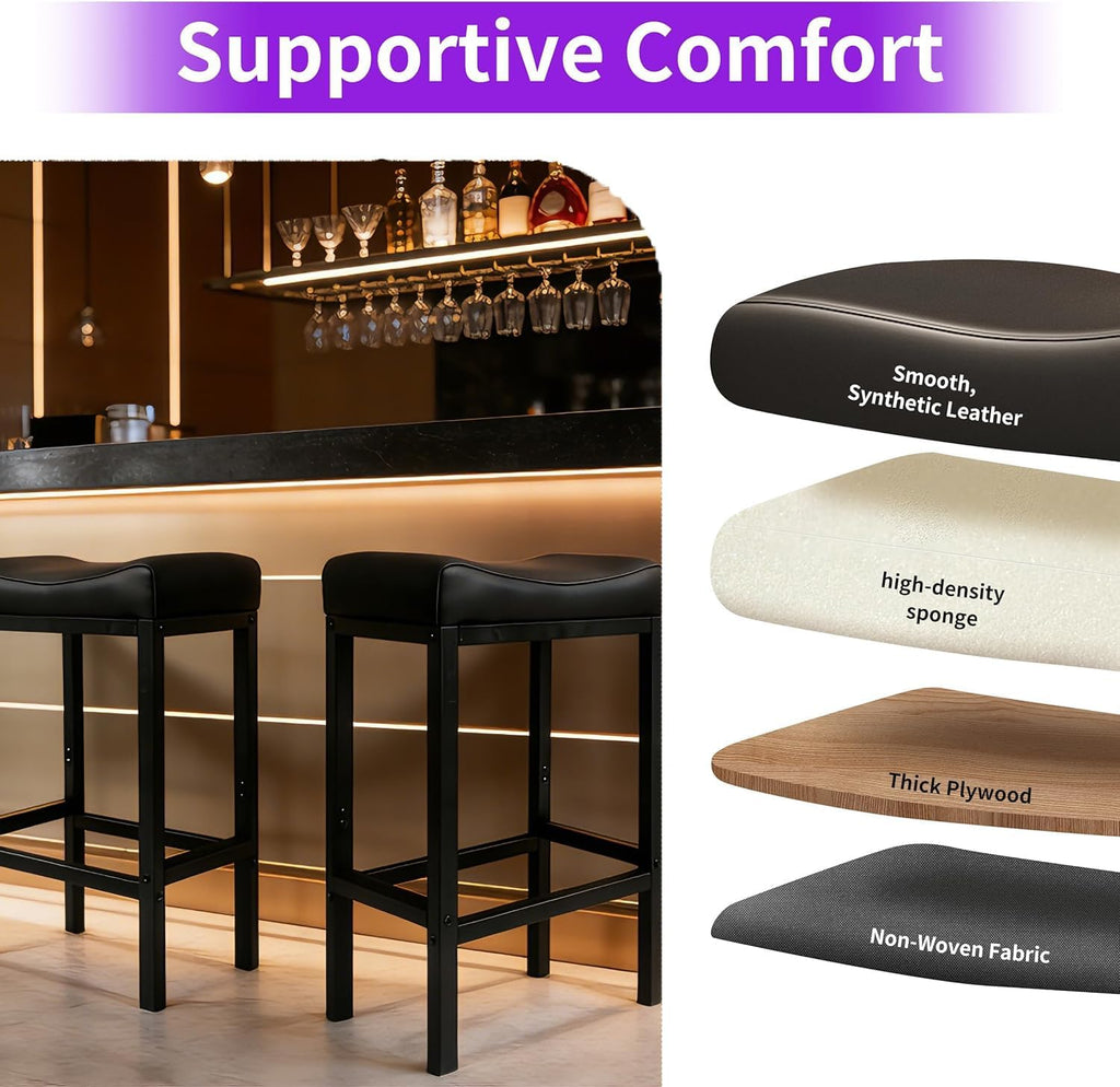 Bar Stools Set of 2, 30 Inch Backless Counter Height Bar Stools with Soft Faux Leather Seat, 300 LB Heavy Duty Padded Saddle Barstool Chair for Modern Kitchen Island Counter (Black)