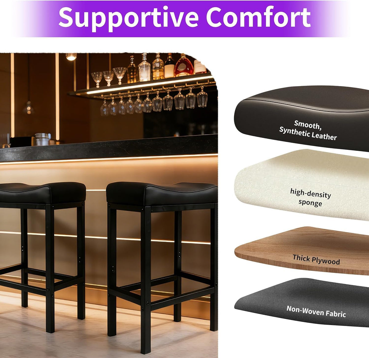 Bar Stools Set of 2, 30 Inch Backless Counter Height Bar Stools with Soft Faux Leather Seat, 300 LB Heavy Duty Padded Saddle Barstool Chair for Modern Kitchen Island Counter (Black)