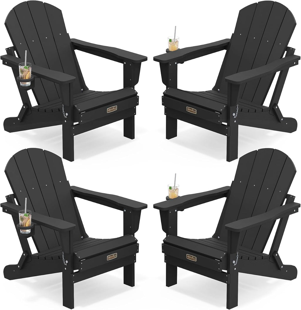 SERWALL Folding Adirondack Chair Set of 4, Fire Pit with Cup Holder -Black