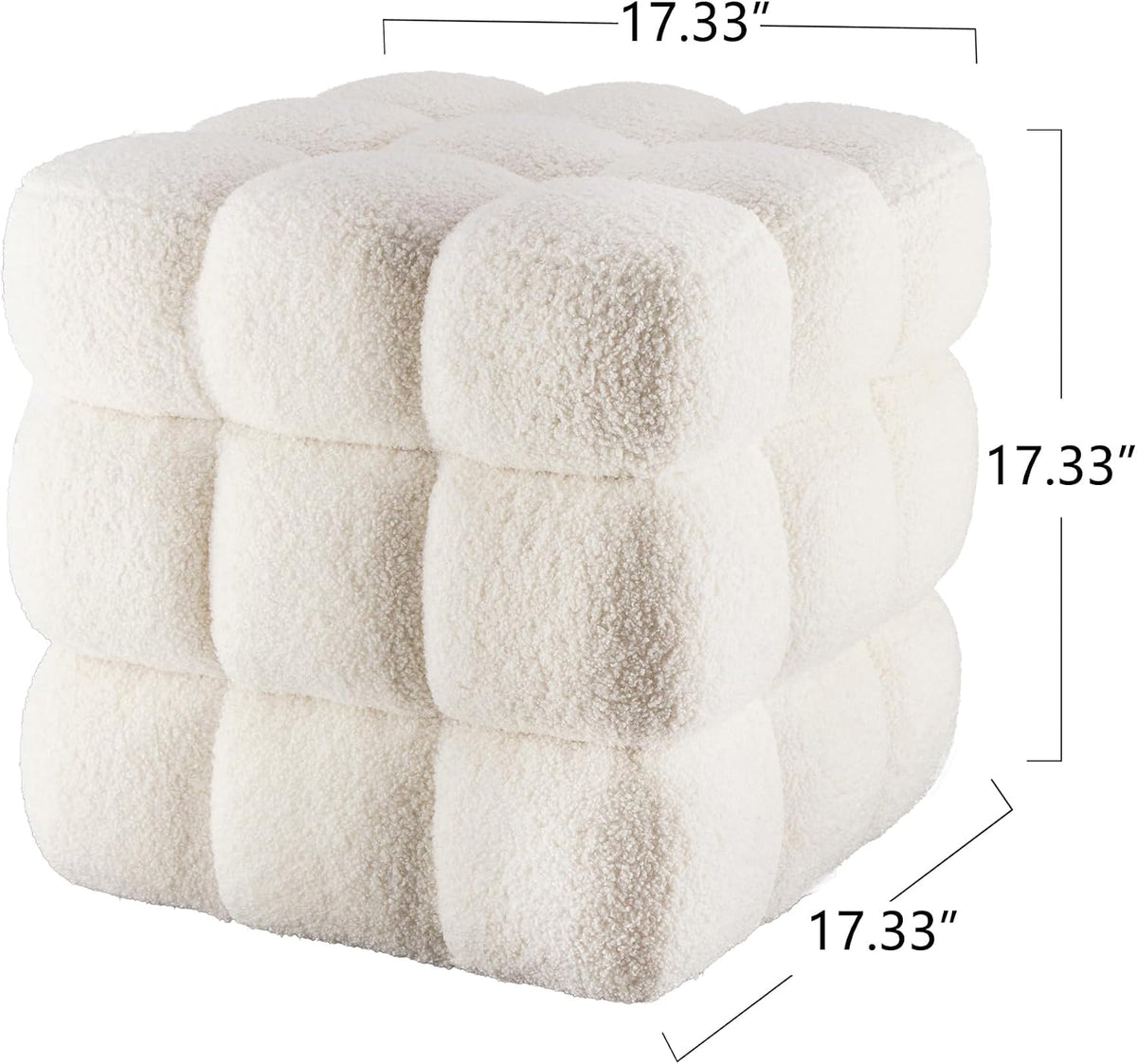 White Sherpa Square Ottoman - 17.3" Large Boucle Cube Pouf with Sturdy Wood Frame, 330lbs Capacity Modern Fuzzy Vanity Stool & Footrest for Living Room, Bedroom - Fully Assembled