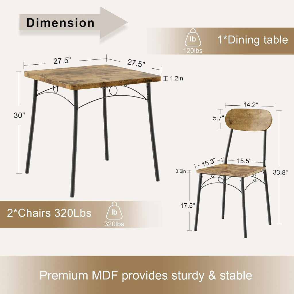 VECELO 3 Piece Small Dining Table Set for 2, Metal and Wood Square Kitchen Dinette for Breakfast Nook, Dining Room, Apartment, Saving Space, Rustic Brown