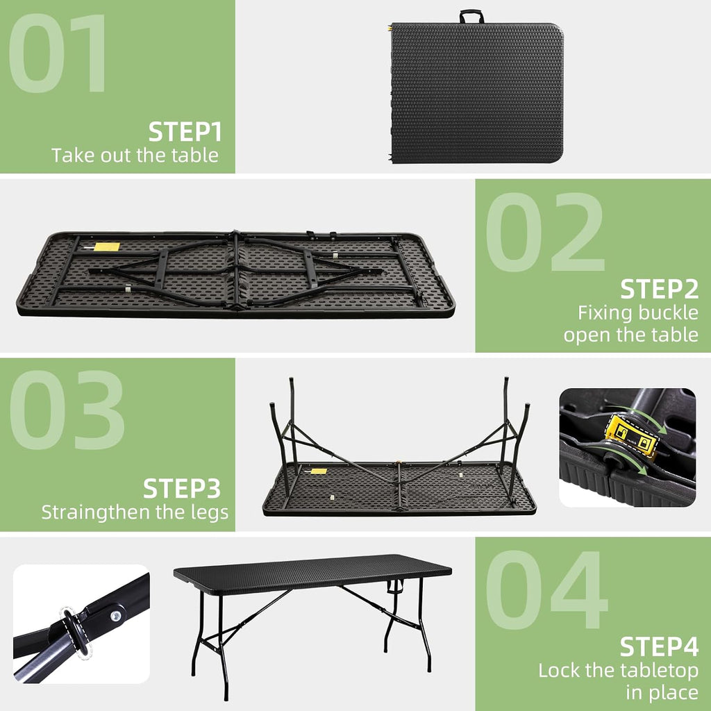 6FT Folding Table Portable Picnic Table Heavy-Duty Fold-in-Half Utility 6 Foot Foldtable Table with Carry Handle for Outdoor Indoor Party, Dining, Wedding, Camping, Black Ratten