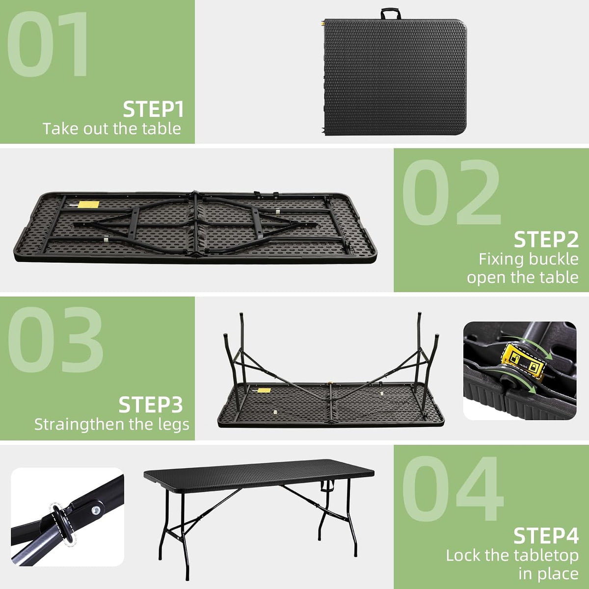 6FT Folding Table Portable Picnic Table Heavy-Duty Fold-in-Half Utility 6 Foot Foldtable Table with Carry Handle for Outdoor Indoor Party, Dining, Wedding, Camping, Black Ratten