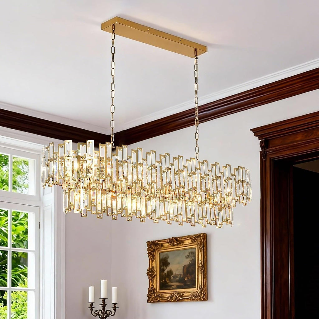 51 Inch Modern Large Crystal Chandelier Light Luxury Gold Rectangular Chandeliers for Dining Room Contemporary Oval Kitchen Island Bar Pendant Ceiling Lamp(Preinstalled K9 Crystals)