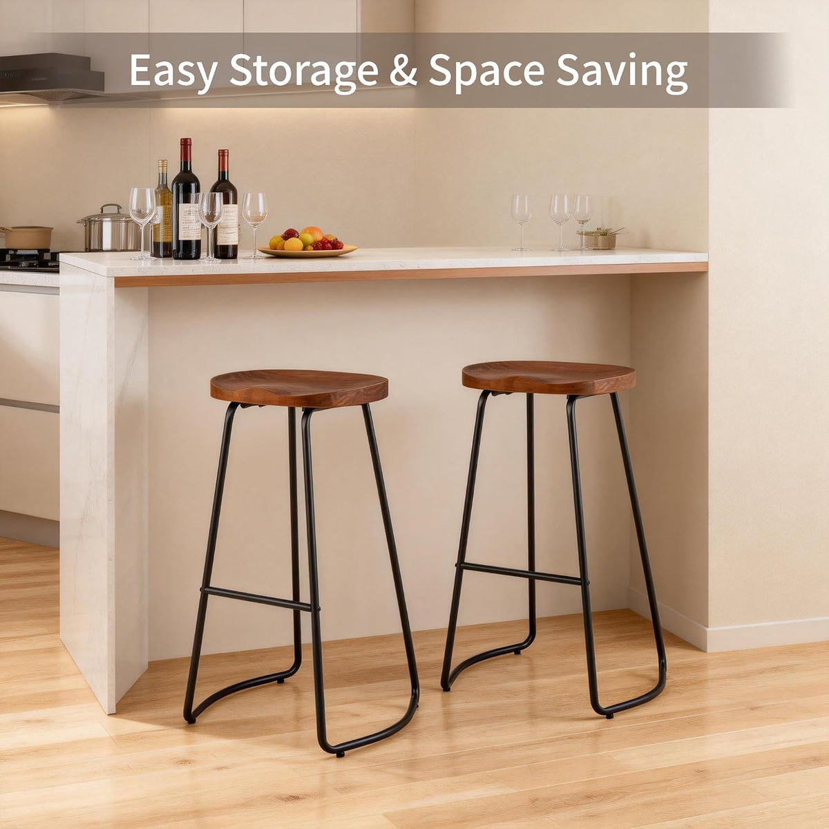 HeuGah Wood Bar Stools Set of 3, 30" Backless Saddle Seat Barstools