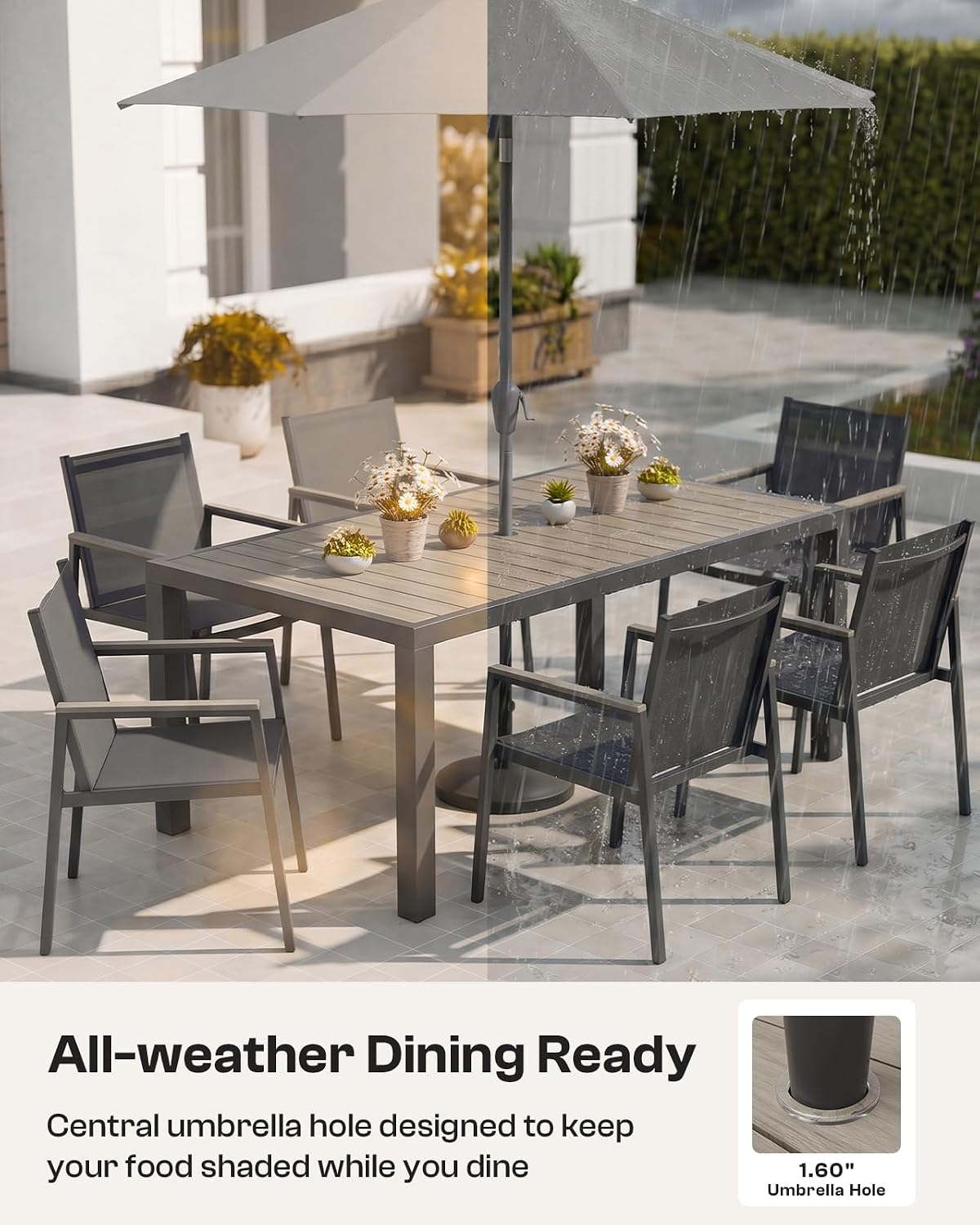 Outdoor Dining Set, 7 Piece Aluminum Patio Table and Chairs Set, All Weather Patio Dining Furniture Set with Umbrella Hole for Backyard, Deck, Poolside (Gray)
