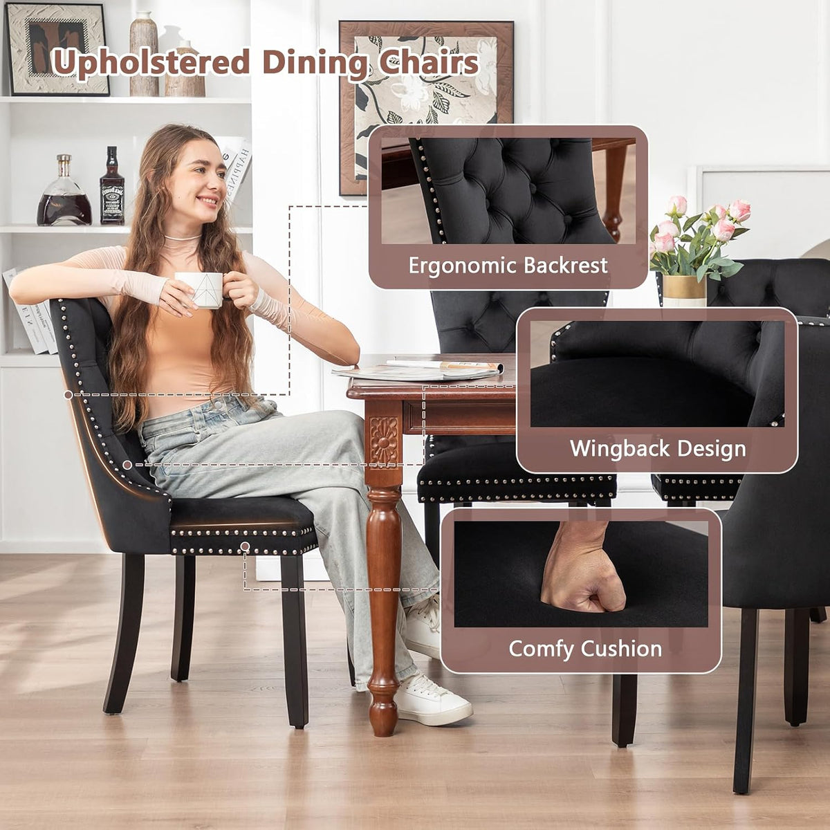Eifizek Dining Chairs Set of 4 Upholstered Chairs with Tufted Back, Black