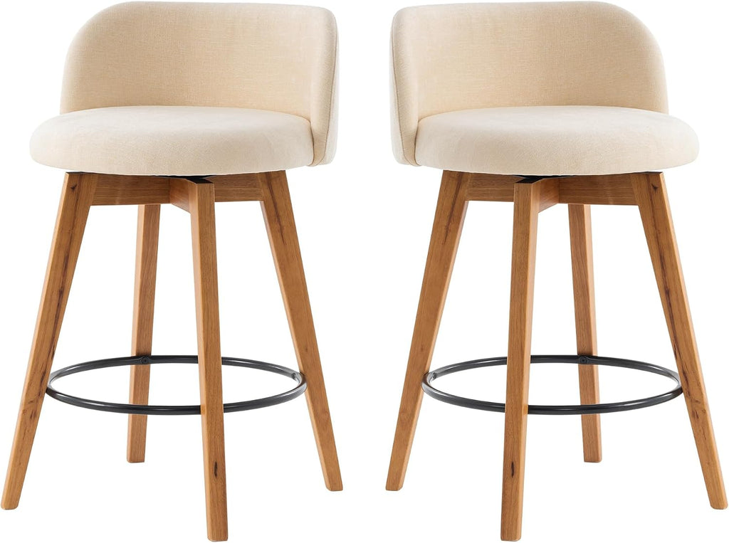 EYYTHUNG 26" Counter Height Bar Stools Set of 2 Mid Century Modern Farmhouse Swivel Barstools Chenille Fabric Upholstered Bar Height Island Chairs with Curved Backrest for Kitchen Island, Beige