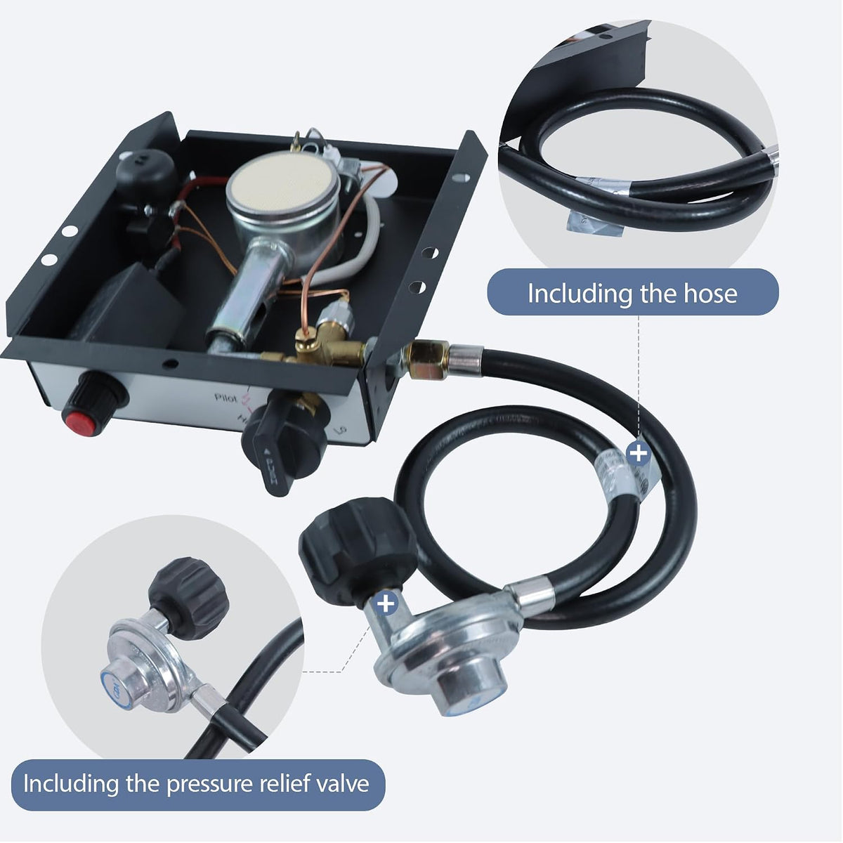 7 Bolt patio heater glass tube burner module replacement part 47000 BTU (including hose and regulating valve assembly kit）, suitable for square glass tube patio heaters, compatible with 3/4/7bolt
