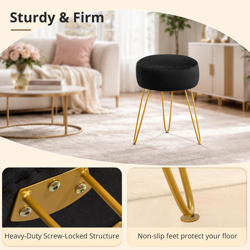 LUE BONA Vanity Stool, Black Vanity Stools for Makeup Room, Round Ottoman Foot Stool, Velvet Footrest Vanity Chair for Bathroom Vanity, Bedroom, Living Room, Entryway, Offices