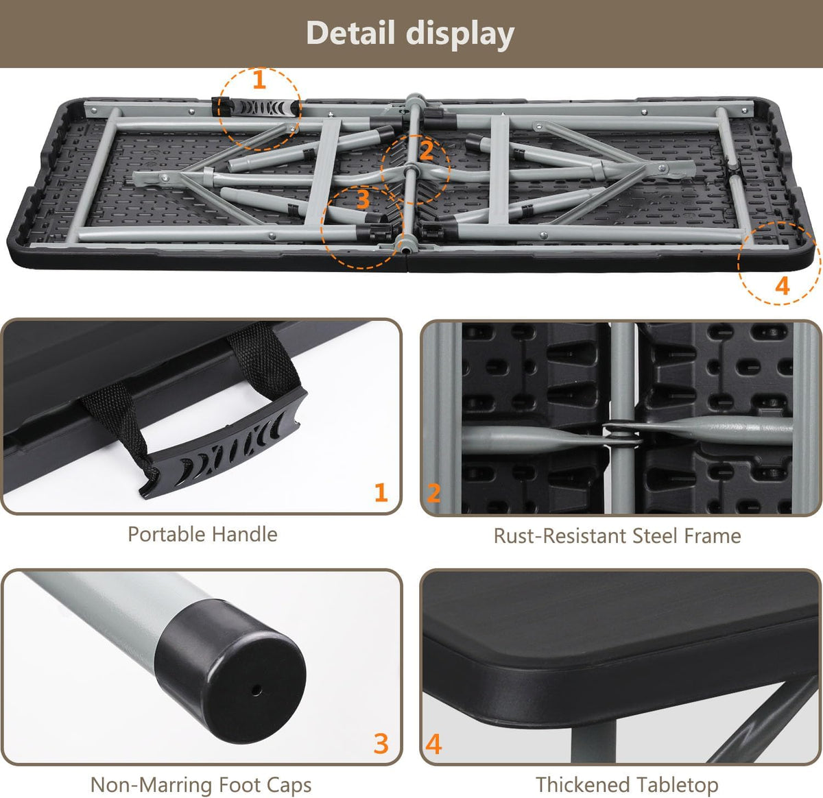 OS MOTOR 4ft Folding Table with Carry Handle, 48 Inch, Black