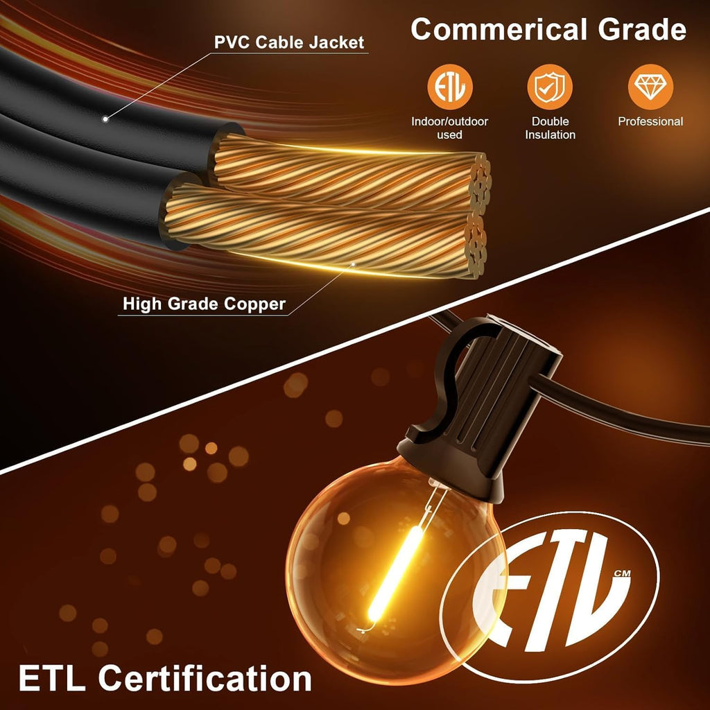 gpatio outdoor string lights, 100ft led waterproof patio showing dimensions
