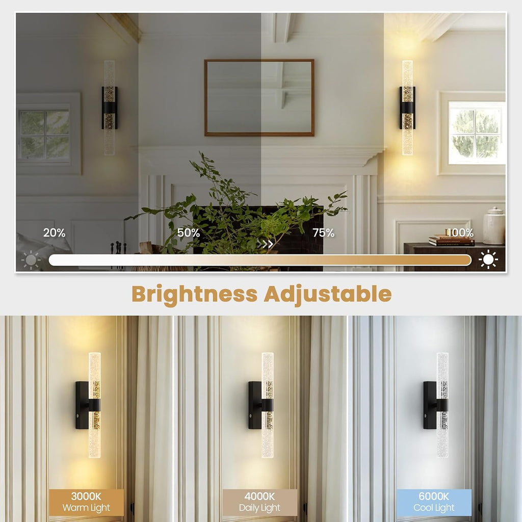 Battery Operated Wall Sconces Set of 2, 12000mAh Black Rechargeable Wall Lights with Remote, 3 Color Dimmable Wireless Crystal Bubble Wall Lamp for Bedroom Living Room Hallway