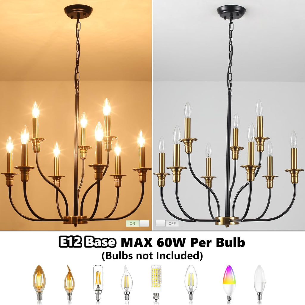 9-Lights Black and Gold Chandelier, 2-Tier Farmhouse Chandeliers 25.98"