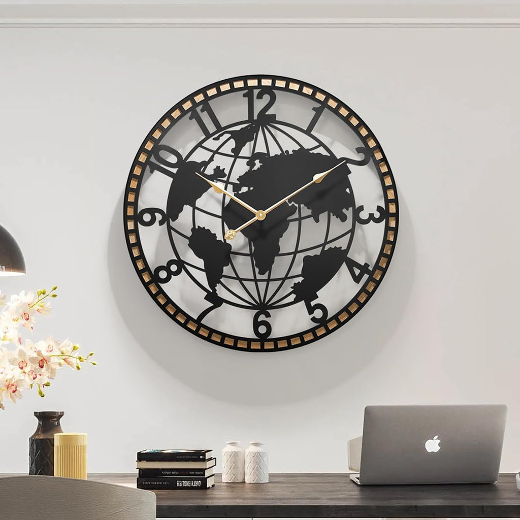 Large World Map Wall Clock 24 Inch,Non-Ticking Metal Decorative Wall Clock, Silent Battery Operated Wall Clock for Living Room, Office,Kitchen & Dining Room Wall Decor