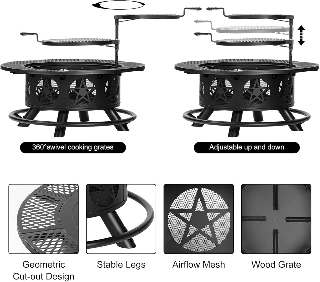 Outvue 36 Inch Outdoor Fire Pits with 2 Grills, Lid & Poker
