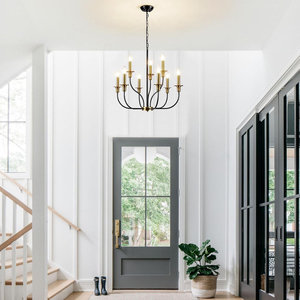 9-Lights Black and Gold Chandelier, 2-Tier Farmhouse Chandeliers 25.98"