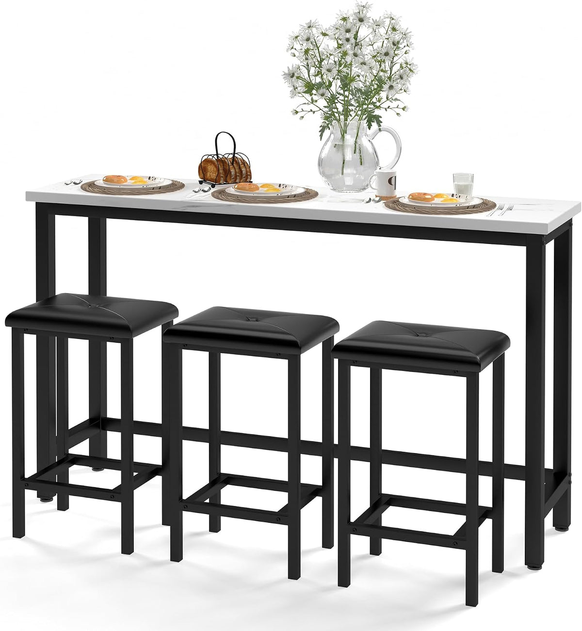 Bar Table Set for 3, 60.2” Faux Marble Behind Couch Table Set, Modern Sofa Table with 3 Upholstered PU Stools, Space-Saving Bar Tables and Stools for Home, Apartment, Small Spaces (Black)