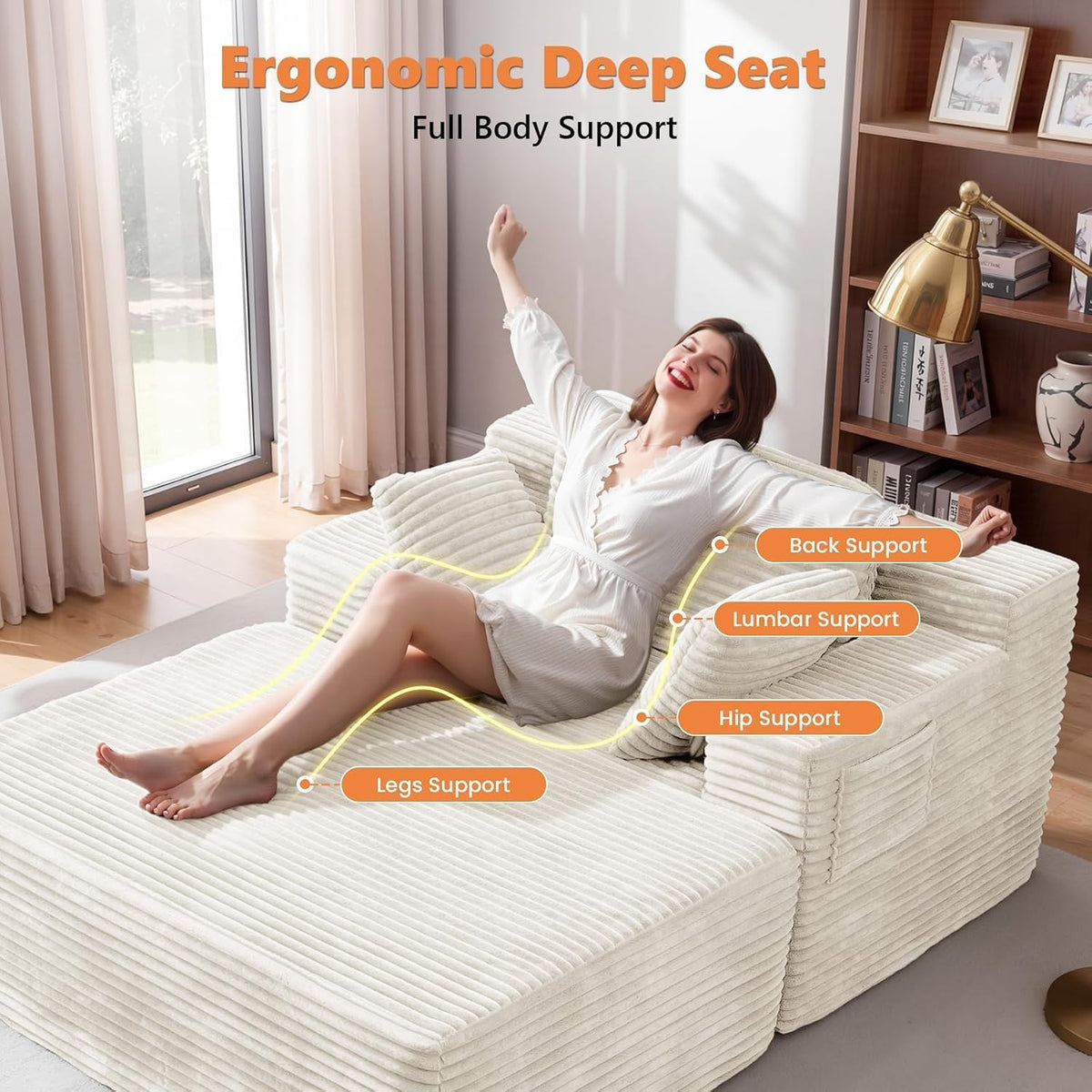 Boneless Chair, 82" Oversized Chaise Lounge with Ottoman, White