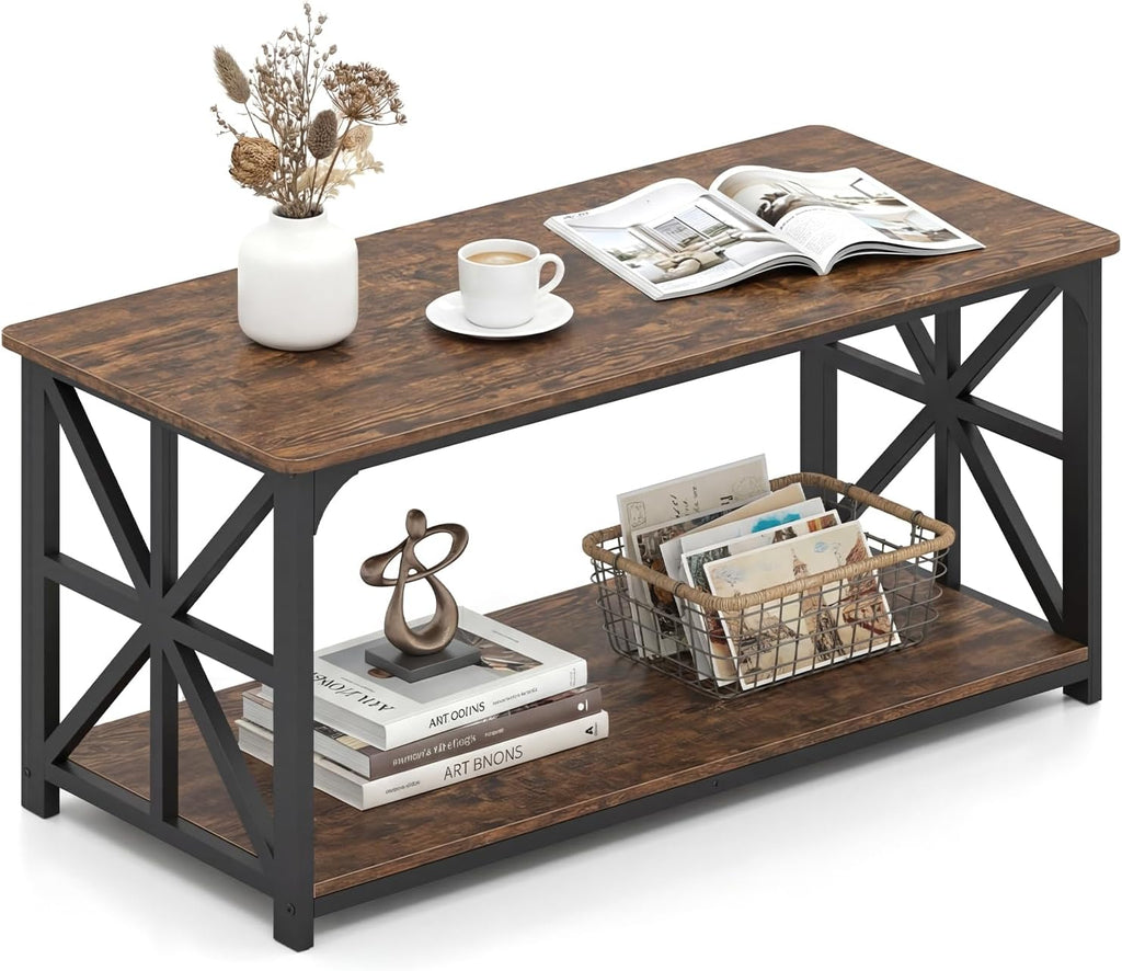 GIANTEX Farmhouse Coffee Table, 43" Center Table with Storage, Rustic Brown