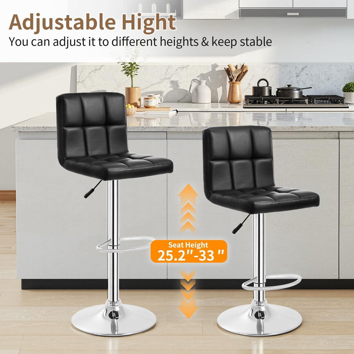 BestOffice | Bar Stools with Backrest | Black, Set of 2 | PU Leather