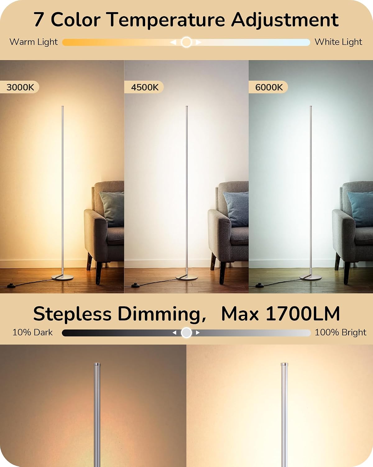 EDISHINE 59.8" Corner Lamp with Remote & 3 Height Settings, Dimmable & 3CCT